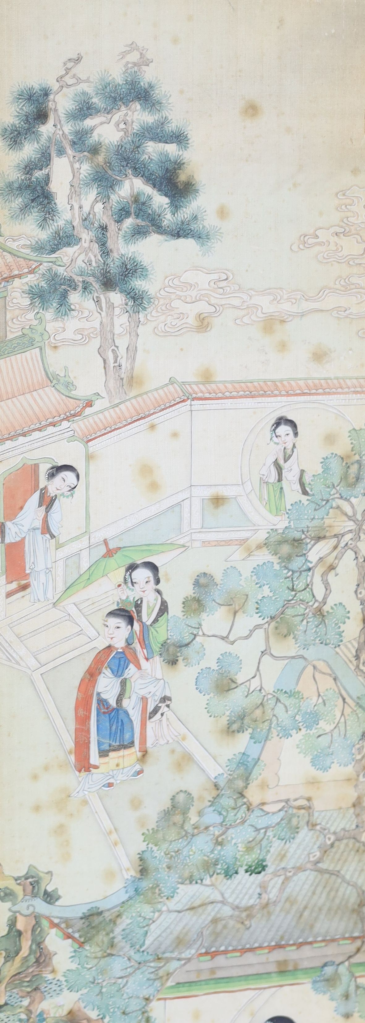 A set of four Chinese paintings on silk of ladies in pavilion gardens, 19th century each image 82 cm x 18.5 cm, damage